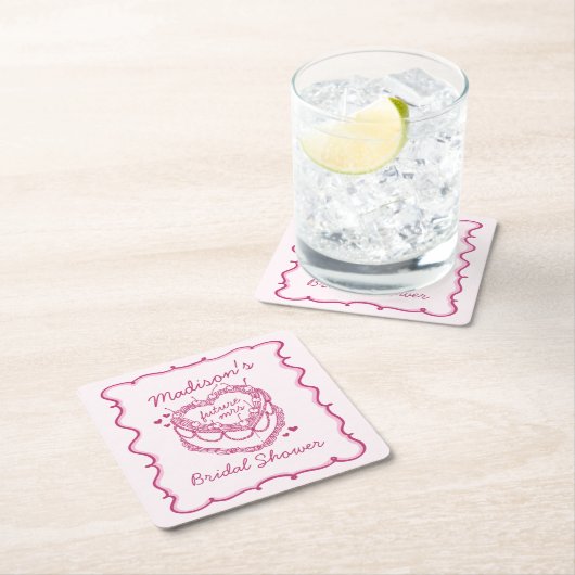 Roze Retro Hart Coquette Kersencake BruidsShower Vierkante Kartonnen Onderzetter (Insitu)