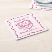Roze Retro Hart Coquette Kersencake BruidsShower Vierkante Kartonnen Onderzetter (Schuin)