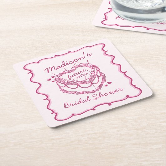 Roze Retro Hart Coquette Kersencake BruidsShower Vierkante Kartonnen Onderzetter (Schuin)