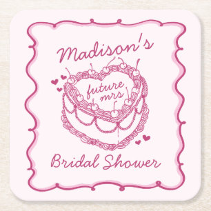 Roze Retro Hart Coquette Kersencake BruidsShower Vierkante Kartonnen Onderzetter