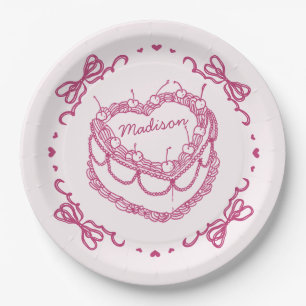 Roze Retro Hart Coquette Kersencake Persoonlijk Papieren Bordje