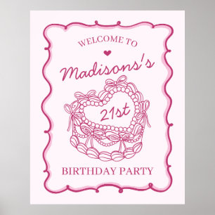Roze Retro Hart Coquette Taart Verjaardag Welkom Poster