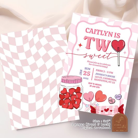 Roze Retro Hart Snoep Twee Zoete Verjaardagen Kaart