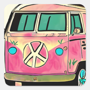 Roze Retro Hippie Van Kleuren Kunst Vierkante Sticker