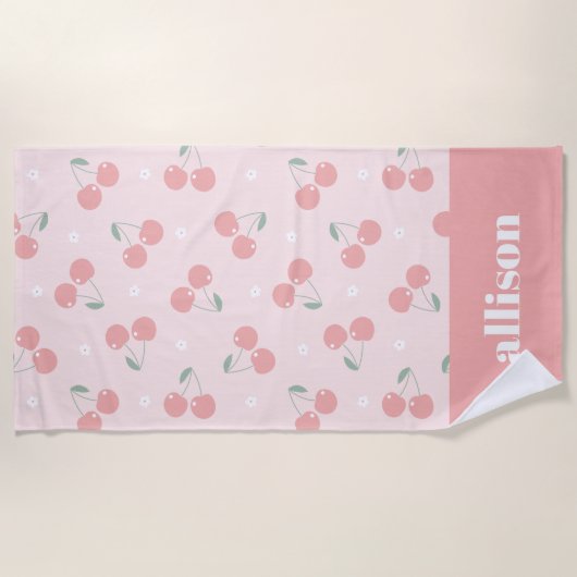Roze Retro Kersen Aangepaste naam Monogram Strandlaken (Voorkant)