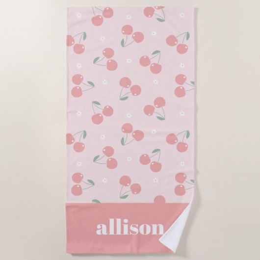 Roze Retro Kersen Aangepaste naam Monogram Strandlaken (Voorkant)
