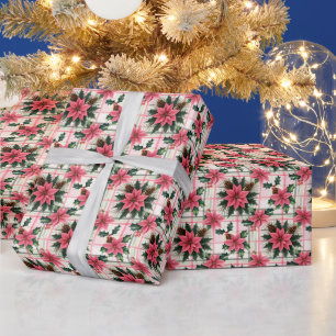 Roze Retro Kerst Bloemen Plaid Vrolijk Kerstfeest Cadeaupapier