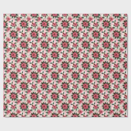 Roze Retro Kerst Bloemen Plaid Vrolijk Kerstfeest Cadeaupapier (Vlak)