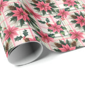 Roze Retro Kerst Bloemen Plaid Vrolijk Kerstfeest Cadeaupapier (Rol Hoek)