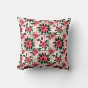 Roze Retro Kerst Bloemen Plaid Vrolijk Kerstfeest Kussen