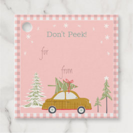 Roze Retro kerstauto Label Car Woodland