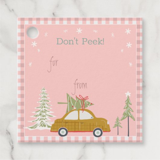 Roze Retro kerstauto Label Car Woodland (Voorkant)