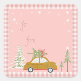 Roze Retro kerstauto Label Car Woodland