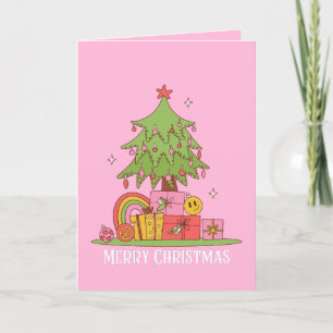 Roze Retro Kerstboom Feestdagen Kaart