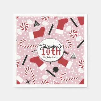 Roze Retro Kerstmis Pepermunt Verjaardag Servet