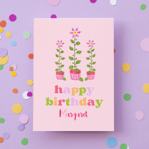 Roze Retro Kleurrijke Floral Gepersonaliseerde Ver Kaart