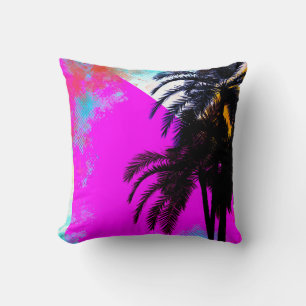 Roze Retro Kleurrijke Zomerstrand Palmbomen Kussen