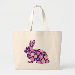 Roze retro konijn en bloemen grote tote bag