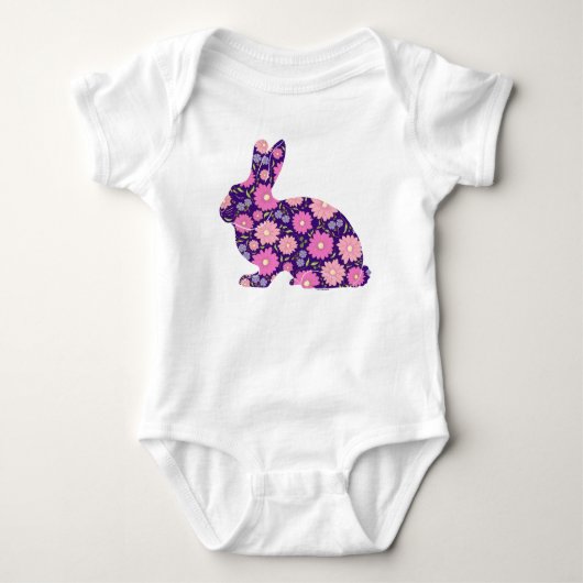Roze retro konijn en bloemen romper (Voorkant)