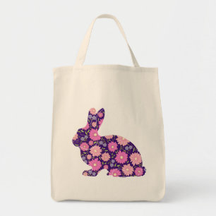 Roze retro konijn en bloemen tote bag