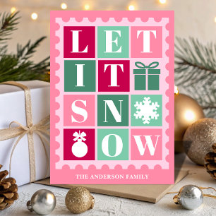 Roze Retro Laat het Sneeuwen Kerst Postzegel Feestdagen Kaart