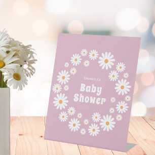 Roze Retro Madeliefjes Krans Groovy Meisje Baby Sh Reclamebord Met Voetstuk