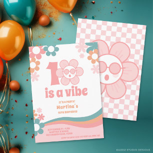 Roze Retro Meisje Uitnodiging voor 10de Verjaardag