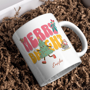 Roze Retro Merry Bright Aangepaste naam Kerstboom Mok