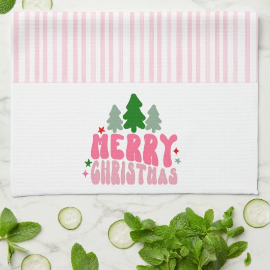 Roze Retro Merry kerst Theedoek (Gevouwen)