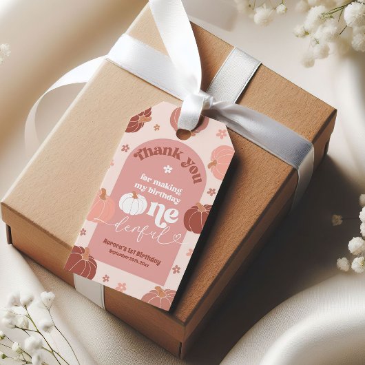 Roze Retro Pompoen 1e Verjaardag Dank u Label Cadeaulabel