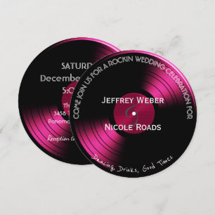 Roze Retro Rock n Roll Vinyl Record Wedding Kaart