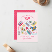 Roze Retro Rollerskate Classroom Valentijn Notitiekaartje (Voorkant / Achterkant in situ)