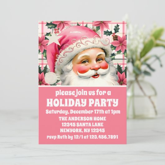 Roze Retro Santa Claus Floral Plaid Kerstmis Kaart (Staand voorkant)