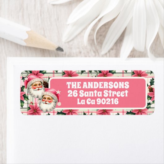 Roze Retro Santa Claus Kerstbloem Plaid Etiket (Insitu)