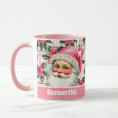Roze Retro Santa Claus Kerstbloem Plaid Mok (Links)