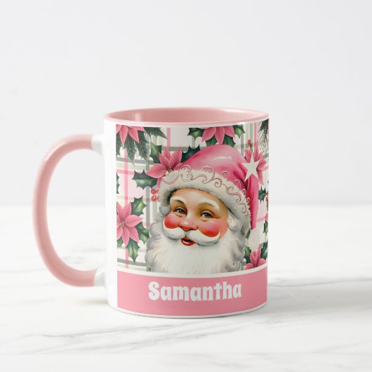 Roze Retro Santa Claus Kerstbloem Plaid Mok (Links)