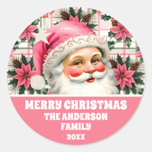 Roze Retro Santa Claus Kerstbloem Plaid Ronde Sticker