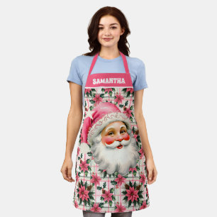 Roze Retro Santa Claus Kerstbloem Plaid Schort