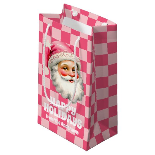 Roze Retro Santa Claus Roze Tartan Plaid Kerstmis Klein Cadeauzakje (Voorkant Gekanteld)