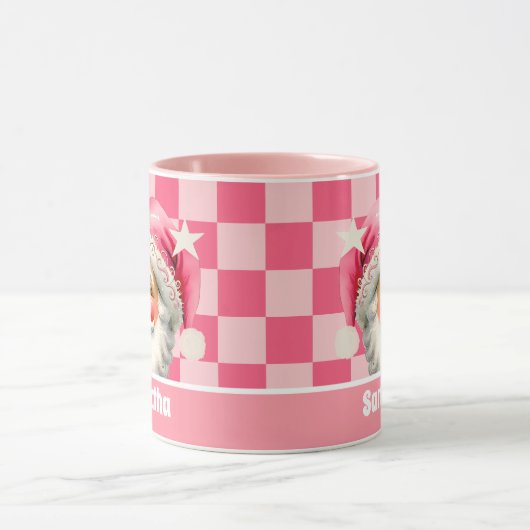 Roze Retro Santa Claus Roze Tartan Plaid Kerstmis Mok (Midden)