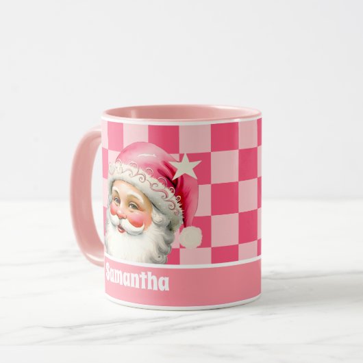 Roze Retro Santa Claus Roze Tartan Plaid Kerstmis Mok (Voorkant links)