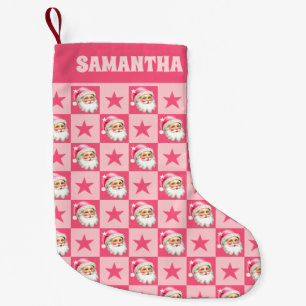 Roze Retro Santa Claus Roze Tartan Plaid Kleine Kerstsok