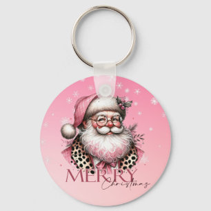 Roze Retro Santa Claus Vrolijk Kerstfeest Sleutelhanger