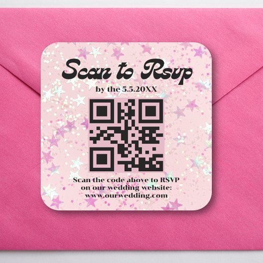 roze retro script rsvp qr code bruiloft vierkante sticker