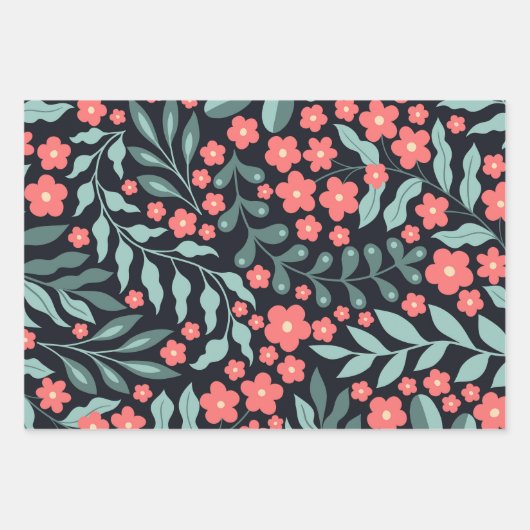 Roze retro stijl bloeiende bloemen in Scandinavisc Inpakpapier Vel (Voorkant)