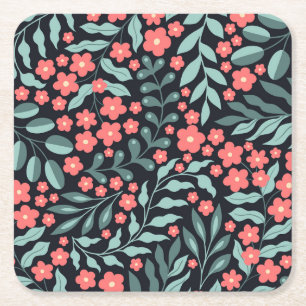 Roze retro stijl bloeiende bloemen in Scandinavisc Vierkante Kartonnen Onderzetter