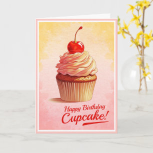 Roze Retro Stijl Kersencupcake Verjaardagskaart Kaart