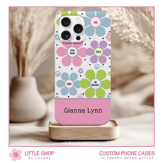 Roze Retro-Style Flower Power Monogram Case-Mate iPhone Case