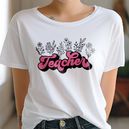 Roze Retro Teacher Wildflower T-shirt