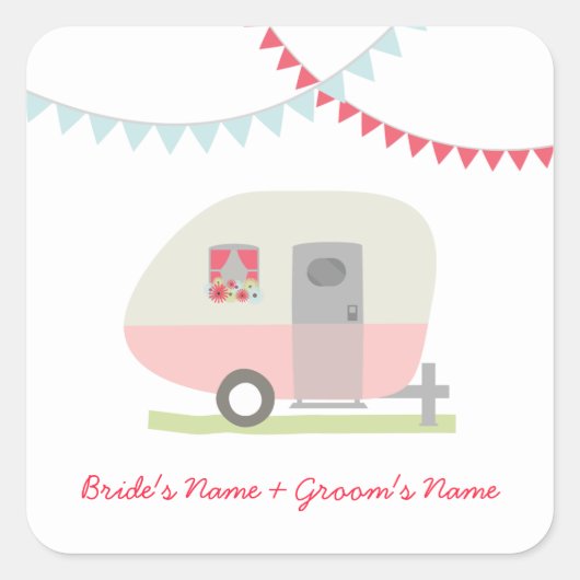 Roze Retro Trailer Bruiloft Sticker (Voorkant)
